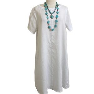 PURE MATCH White Linen Classic A-Line Lagenlook Dress With Pockets Medium